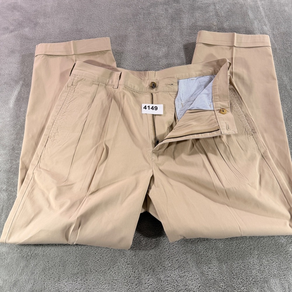 Brooks Brothers 346 Chino Pants Mens 36x30 Tan Khaki Pleated Cuffed Cotton